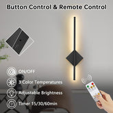 Wall-mounted light fixture with button control and remote control features, including on/off, color temperature, brightness, and timer functions.